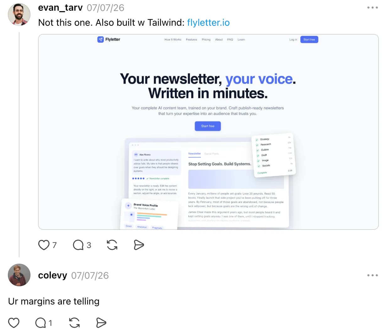 My Threads reply showing the original vibe coded Flyletter homepage
