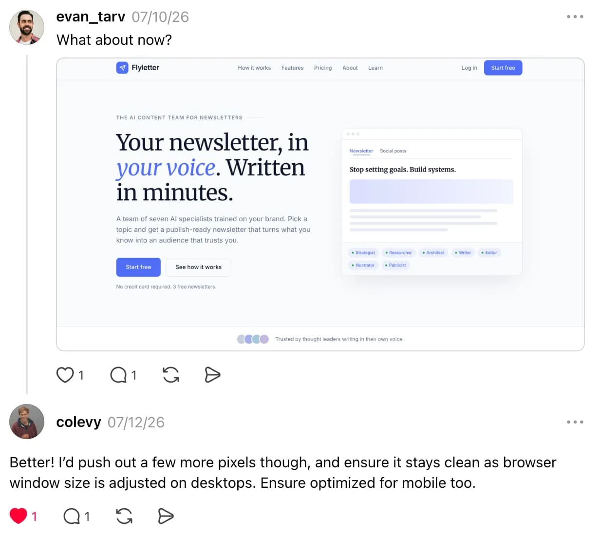 The redesigned Flyletter homepage posted back in the Threads thread, with the follow-up feedback