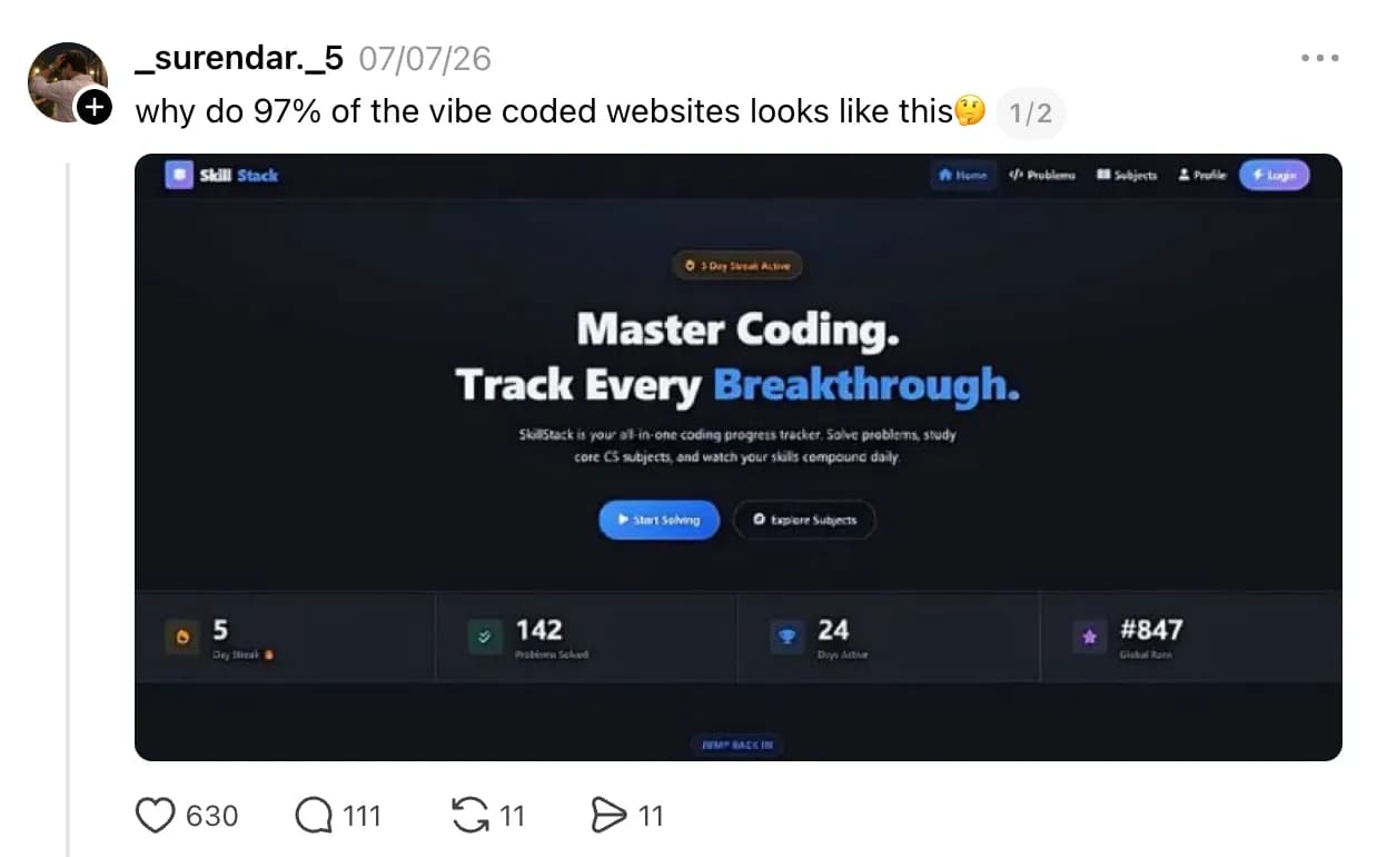 Threads post asking why 97% of vibe coded websites look the same