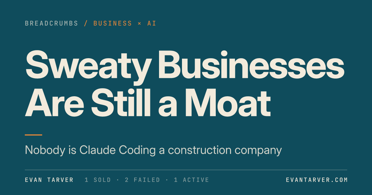 Breadcrumbs card reading Sweaty Businesses Are Still a Moat, with the subhead Nobody is Claude Coding a construction company.