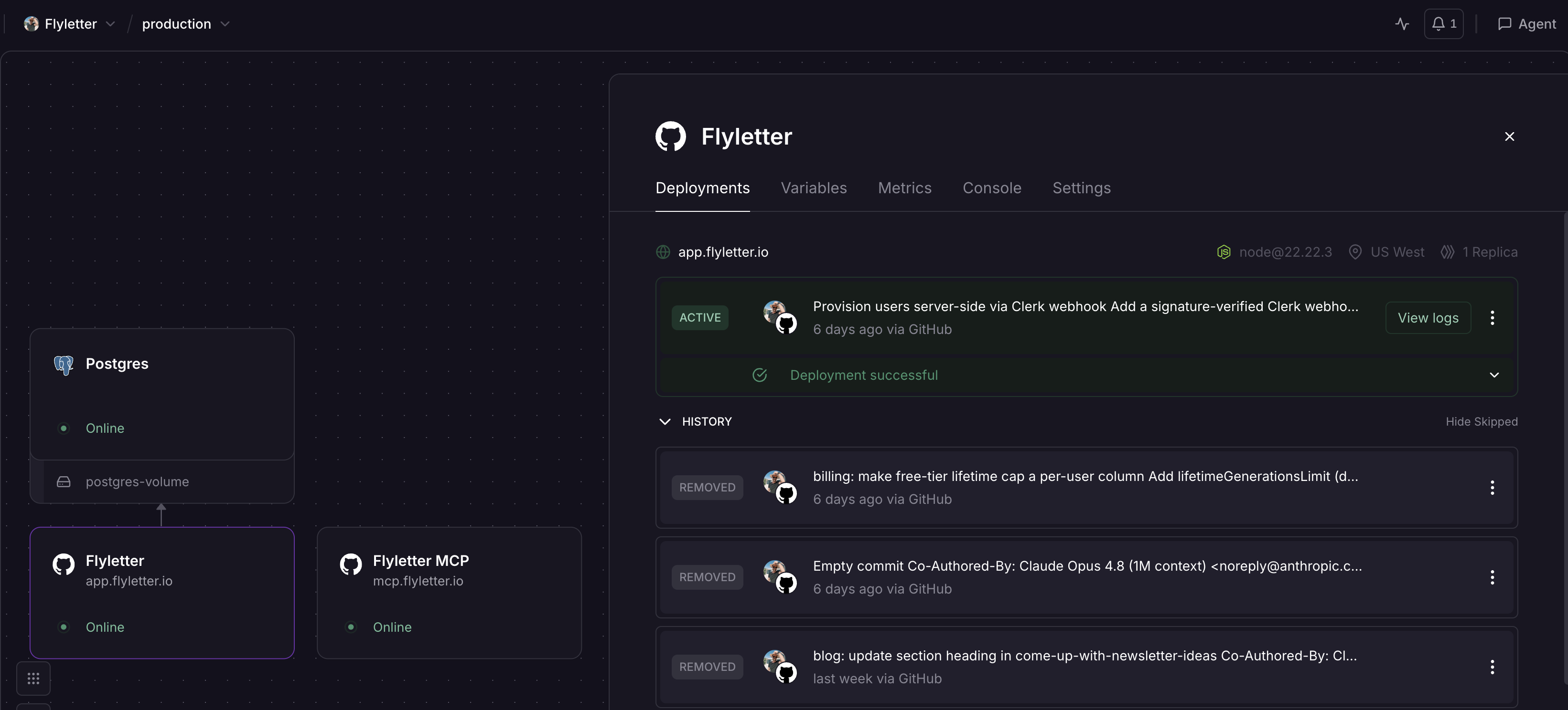 Railway dashboard showing the Flyletter project's active deployment and connected services