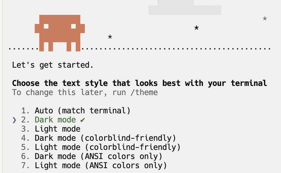 Claude Code terminal setup screen for choosing a color theme
