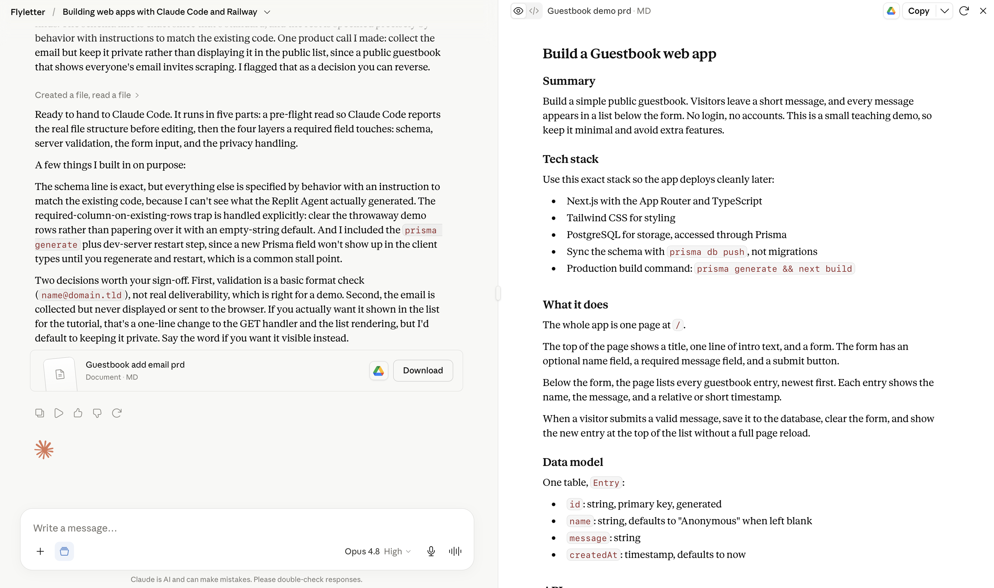 Claude chat generating a detailed PRD document for a guestbook web app