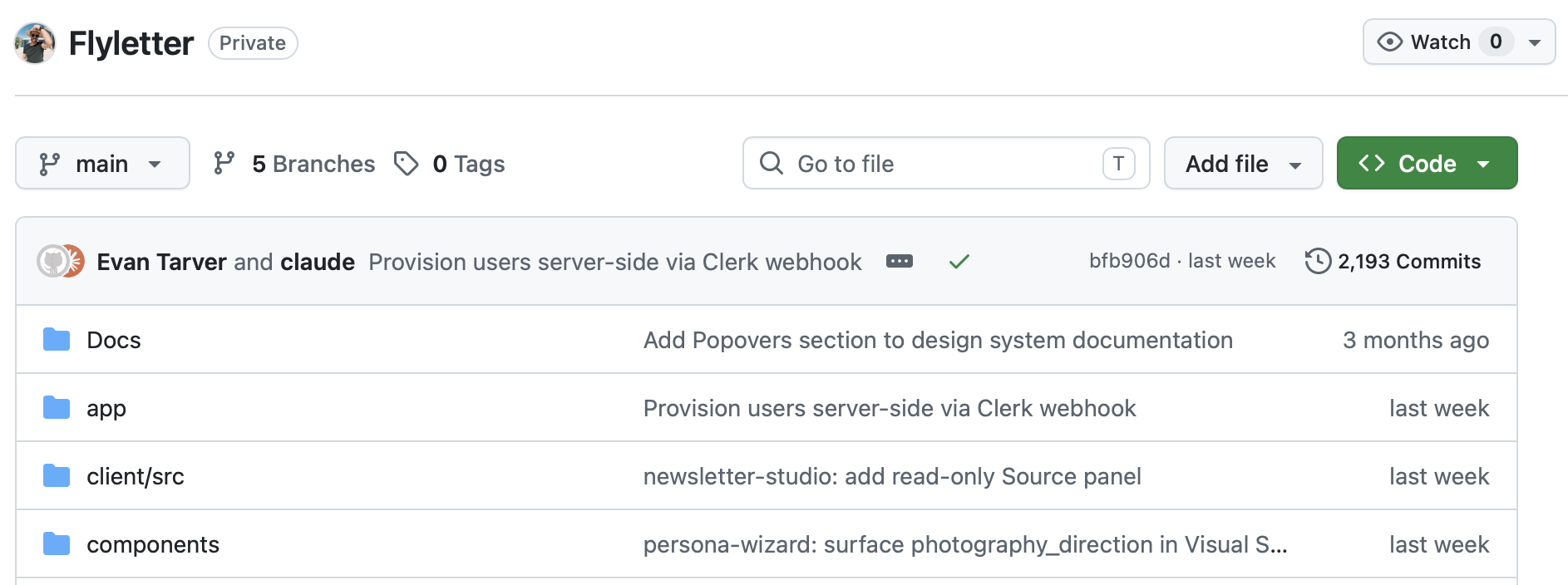 GitHub repository page for the Flyletter project showing recent commits and folders