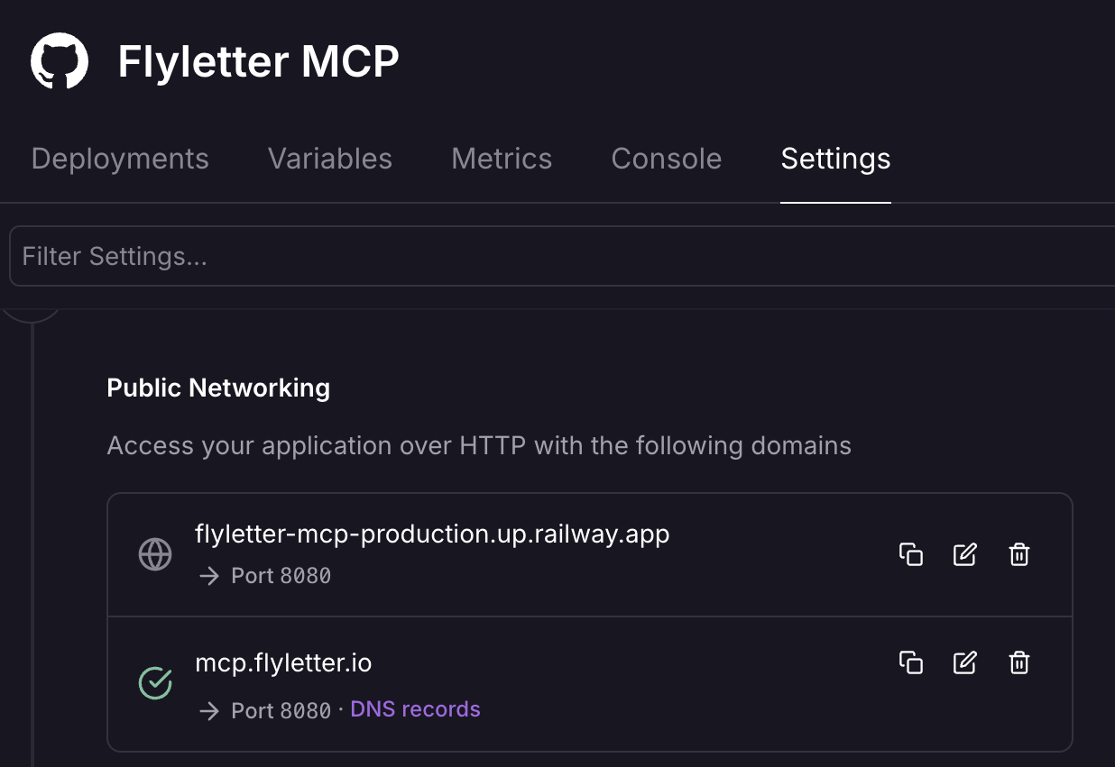 Railway MCP server settings