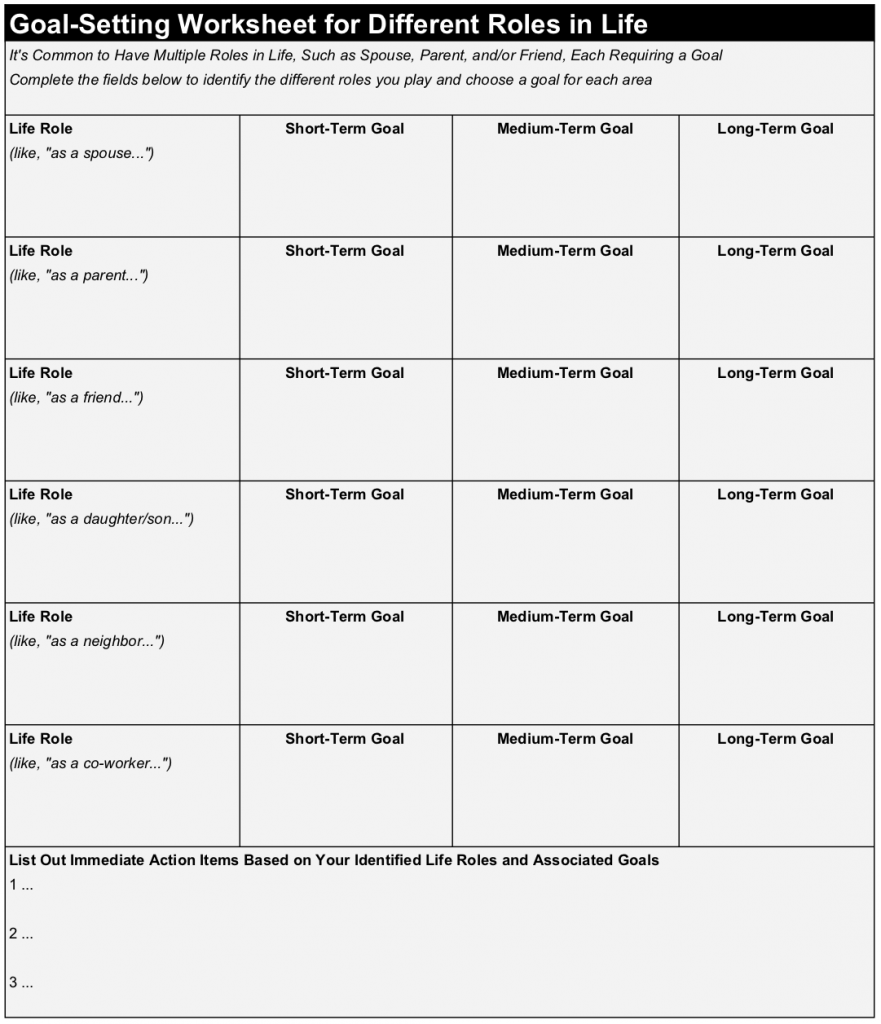 goal setting worksheet template for different roles in life